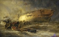 Картина W.L. Wyllie «Storm & Sunshine - A Battle with the Elements» 1885 (Блокшив фрегата Leonidas в эстуарии Темзы)